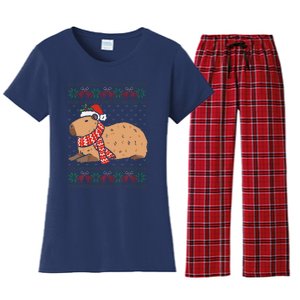 Capybara Ugly Xmas Lighting Santa Capybara Christmas Women's Flannel Pajama Set