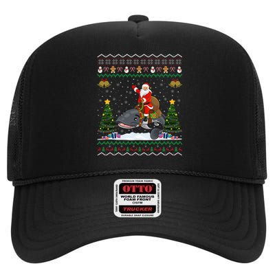 Catfish Ugly Xmas Gift Funny Santa Riding Catfish Christmas High Crown Mesh Back Trucker Hat