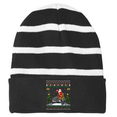 Catfish Ugly Xmas Gift Funny Santa Riding Catfish Christmas Striped Beanie with Solid Band