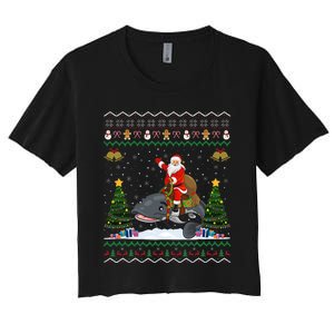 Catfish Ugly Xmas Gift Funny Santa Riding Catfish Christmas Women's Crop Top Tee