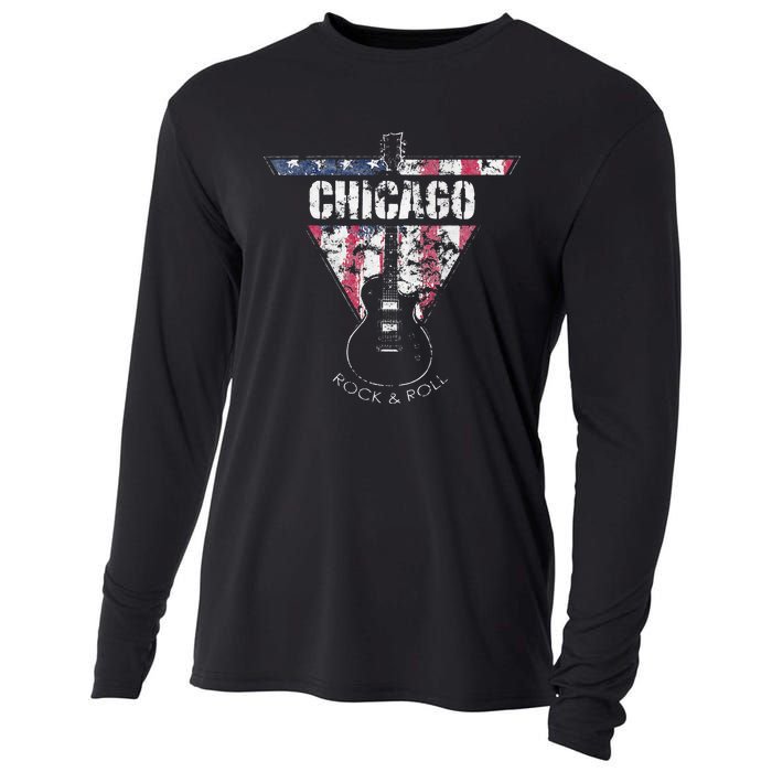 Chicago Vintage American Flag Guitar Player Souvenir Cooling Performance Long Sleeve Crew