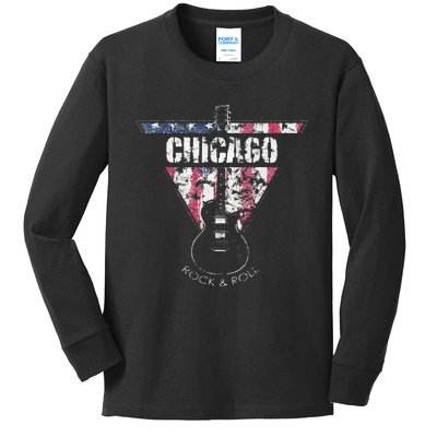 Chicago Vintage American Flag Guitar Player Souvenir Kids Long Sleeve Shirt