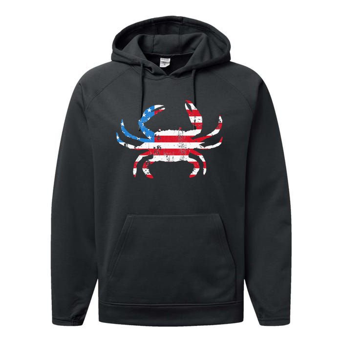 Crab Vintage American Flag Performance Fleece Hoodie