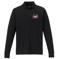 Crab Vintage American Flag Performance Long Sleeve Polo