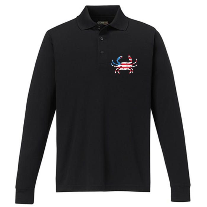 Crab Vintage American Flag Performance Long Sleeve Polo