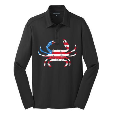 Crab Vintage American Flag Silk Touch Performance Long Sleeve Polo