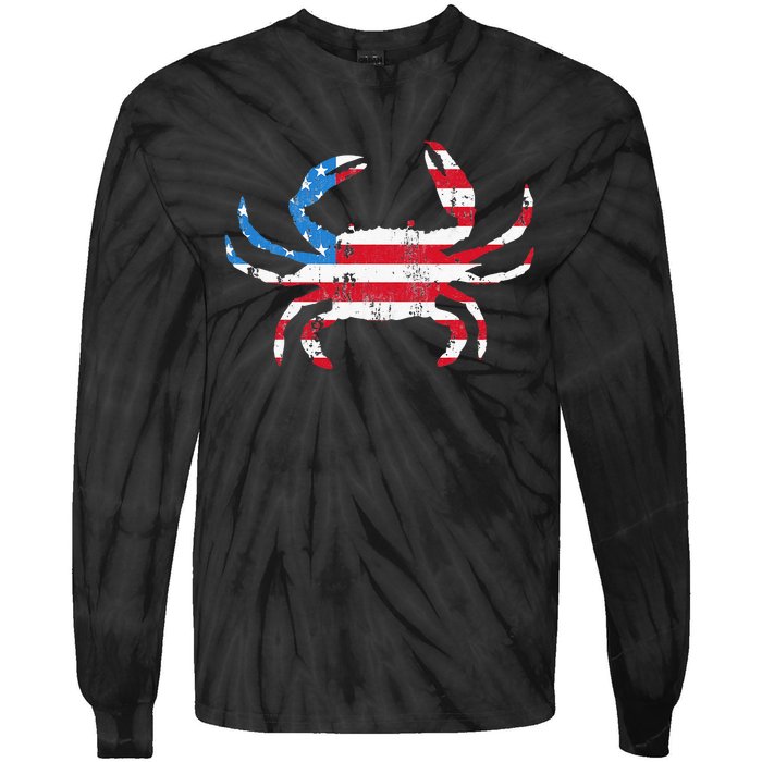 Crab Vintage American Flag Tie-Dye Long Sleeve Shirt