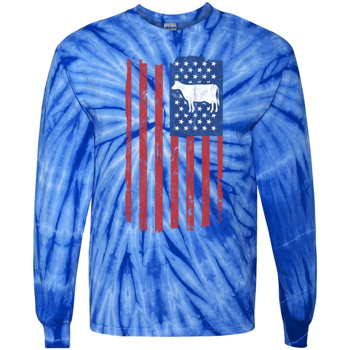 Cow Vintage American Flag Retro Dairy Farmer Gift Great Gift Tie-Dye Long Sleeve Shirt