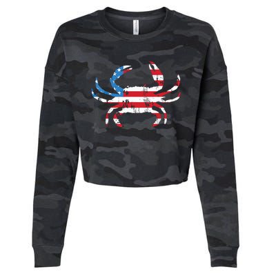 Crab Vintage American Flag Cropped Pullover Crew