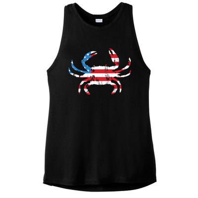 Crab Vintage American Flag Ladies PosiCharge Tri-Blend Wicking Tank