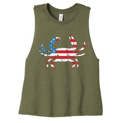 Crab Vintage American Flag Women's Racerback Cropped Tank