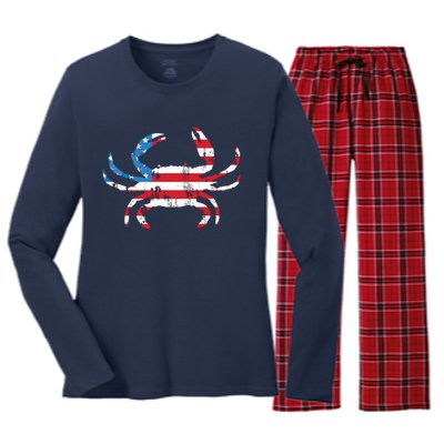 Crab Vintage American Flag Women's Long Sleeve Flannel Pajama Set 