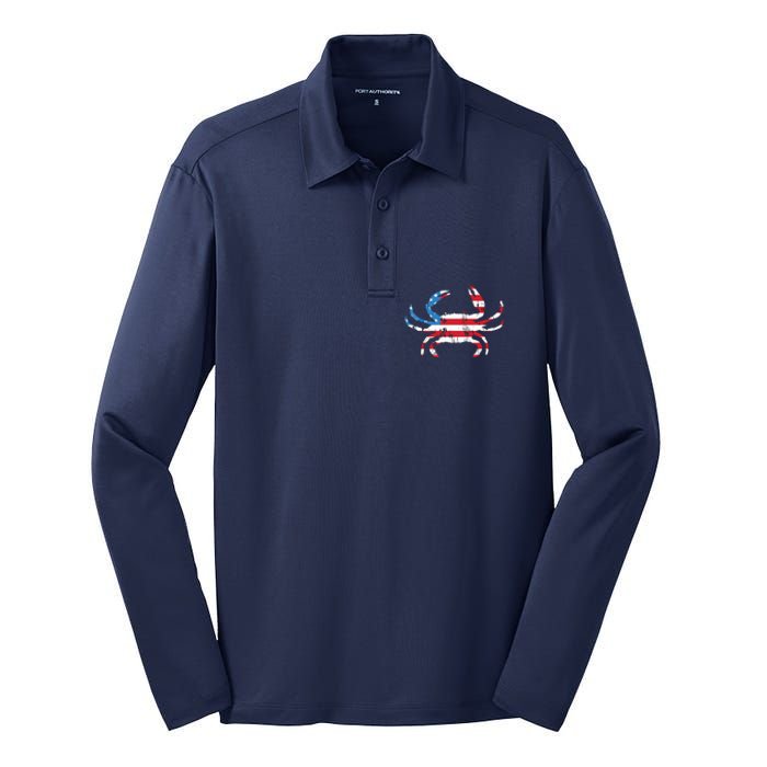 Crab Vintage American Flag Silk Touch Performance Long Sleeve Polo