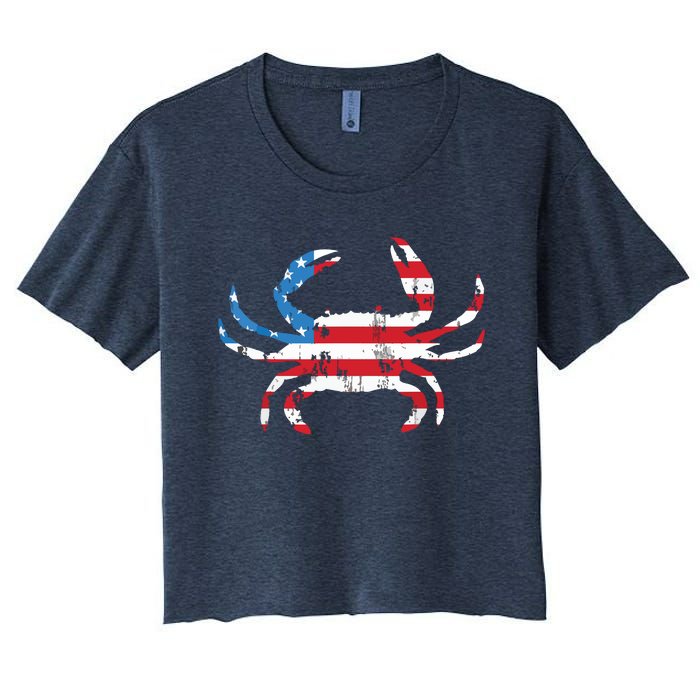 Crab Vintage American Flag Women's Crop Top Tee