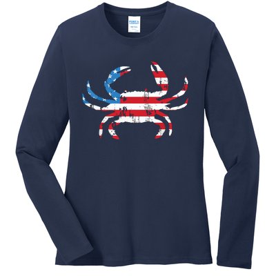 Crab Vintage American Flag Ladies Long Sleeve Shirt