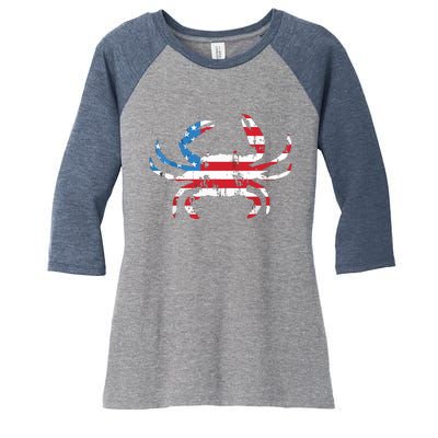 Crab Vintage American Flag Women's Tri-Blend 3/4-Sleeve Raglan Shirt