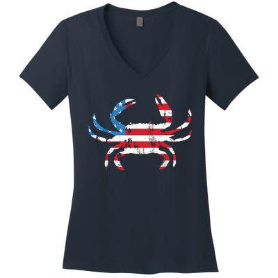 Crab Vintage American Flag Women's V-Neck T-Shirt