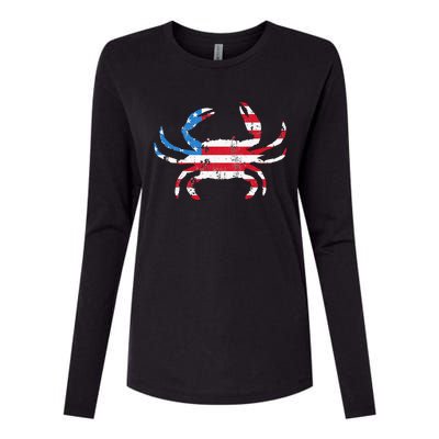 Crab Vintage American Flag Womens Cotton Relaxed Long Sleeve T-Shirt