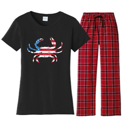 Crab Vintage American Flag Women's Flannel Pajama Set