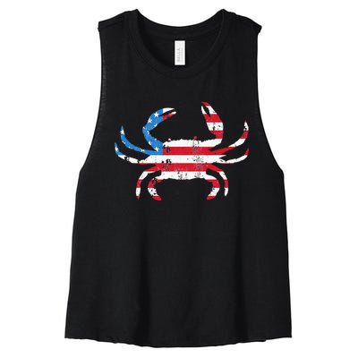 Crab Vintage American Flag Women's Racerback Cropped Tank