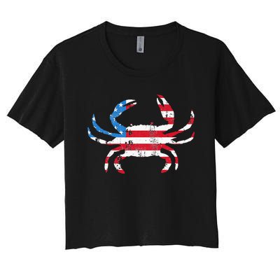 Crab Vintage American Flag Women's Crop Top Tee