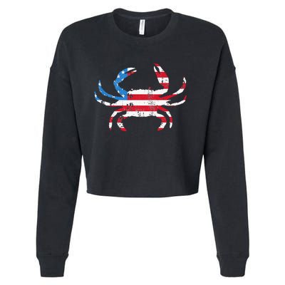 Crab Vintage American Flag Cropped Pullover Crew