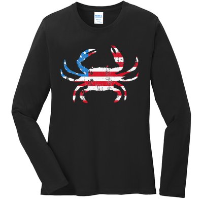 Crab Vintage American Flag Ladies Long Sleeve Shirt