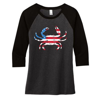 Crab Vintage American Flag Women's Tri-Blend 3/4-Sleeve Raglan Shirt