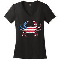 Crab Vintage American Flag Women's V-Neck T-Shirt