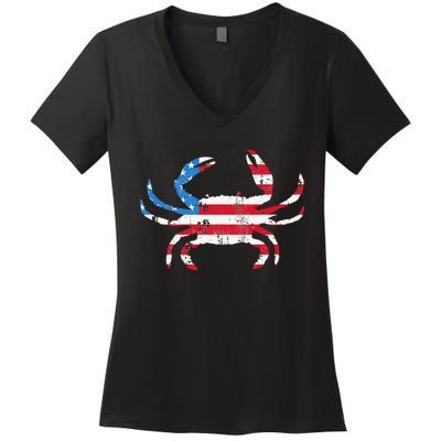 Crab Vintage American Flag Women's V-Neck T-Shirt