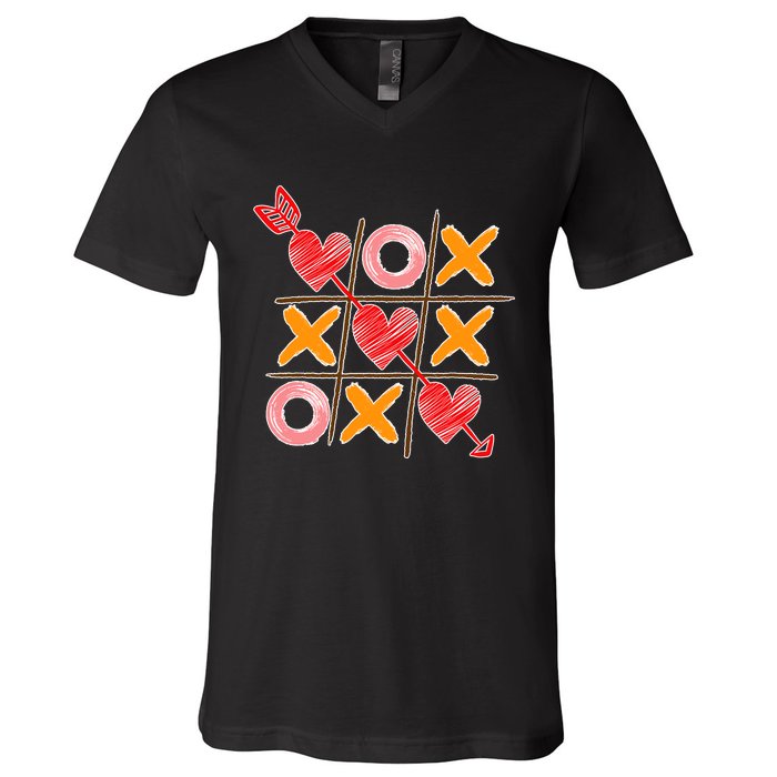 Cute Valentine Boy Girl Tic Tac Toe Hearts Win V-Neck T-Shirt