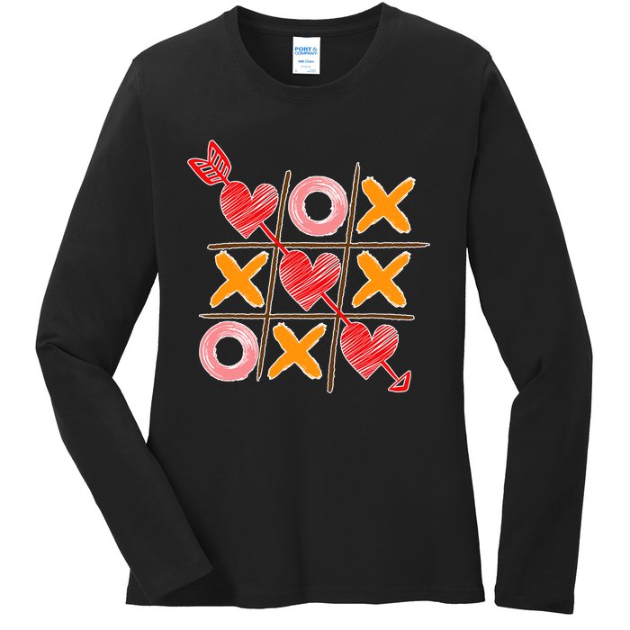 Cute Valentine Boy Girl Tic Tac Toe Hearts Win Ladies Long Sleeve Shirt