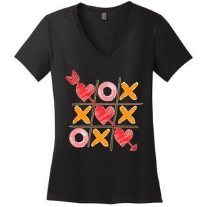 Cute Valentine Boy Girl Tic Tac Toe Hearts Win Women's V-Neck T-Shirt