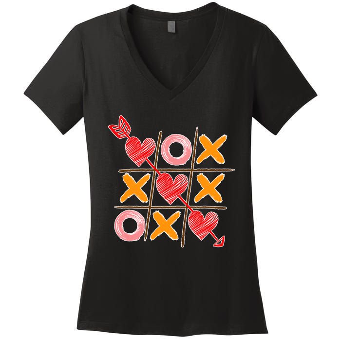 Cute Valentine Boy Girl Tic Tac Toe Hearts Win Women's V-Neck T-Shirt