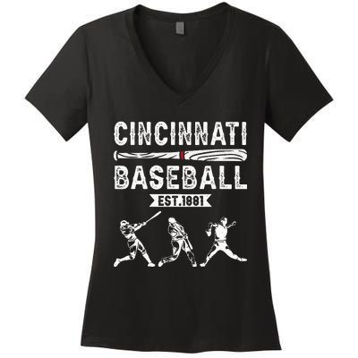 Cincinnati Vintage Baseball Lover Women's V-Neck T-Shirt