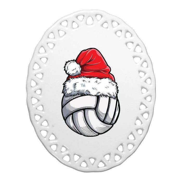 Christmas Volleyball Ball Santa Hat Funny Sport Xmas Girl Premium Ceramic Oval Ornament