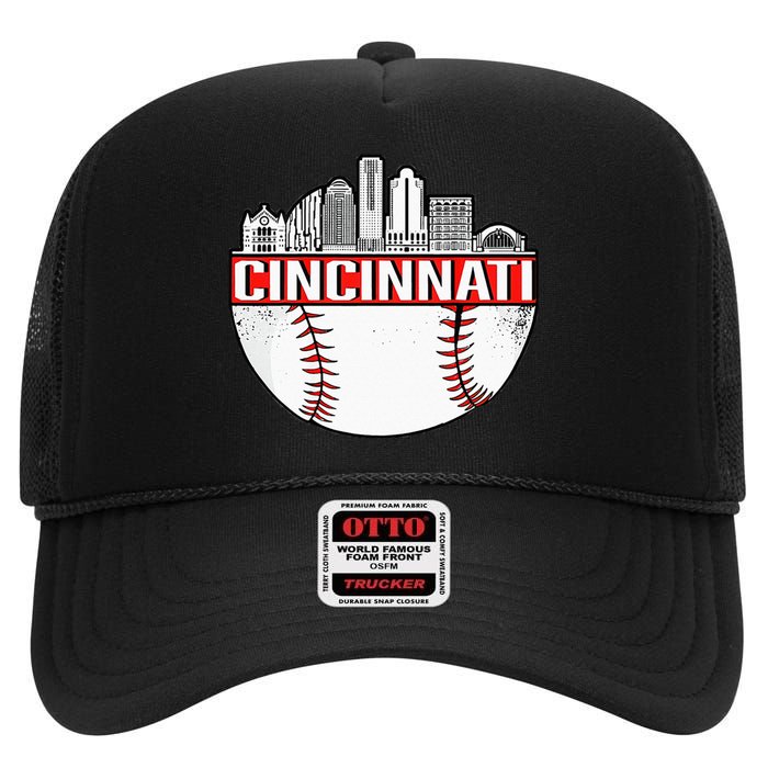 Cincinnati Vintage Baseball Tee Distressed Gameday Retro High Crown Mesh Back Trucker Hat