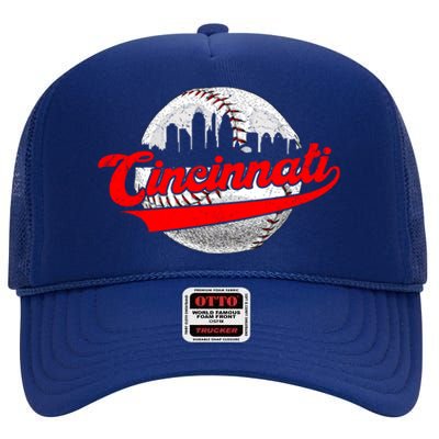 Cincinnati Vintage Baseball Lover Retro Game Day Dad Mom Gift High Crown Mesh Back Trucker Hat