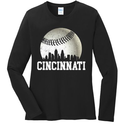 Cincinnati Vintage Baseball Distressed Ladies Long Sleeve Shirt