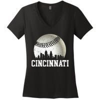 Cincinnati Vintage Baseball Distressed Women's V-Neck T-Shirt