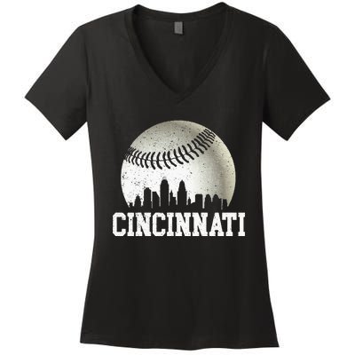 Cincinnati Vintage Baseball Distressed Women's V-Neck T-Shirt