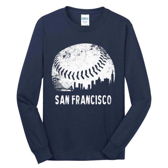 Cool Vintage Baseball San Francisco City Skyline Building SF Tall Long Sleeve T-Shirt