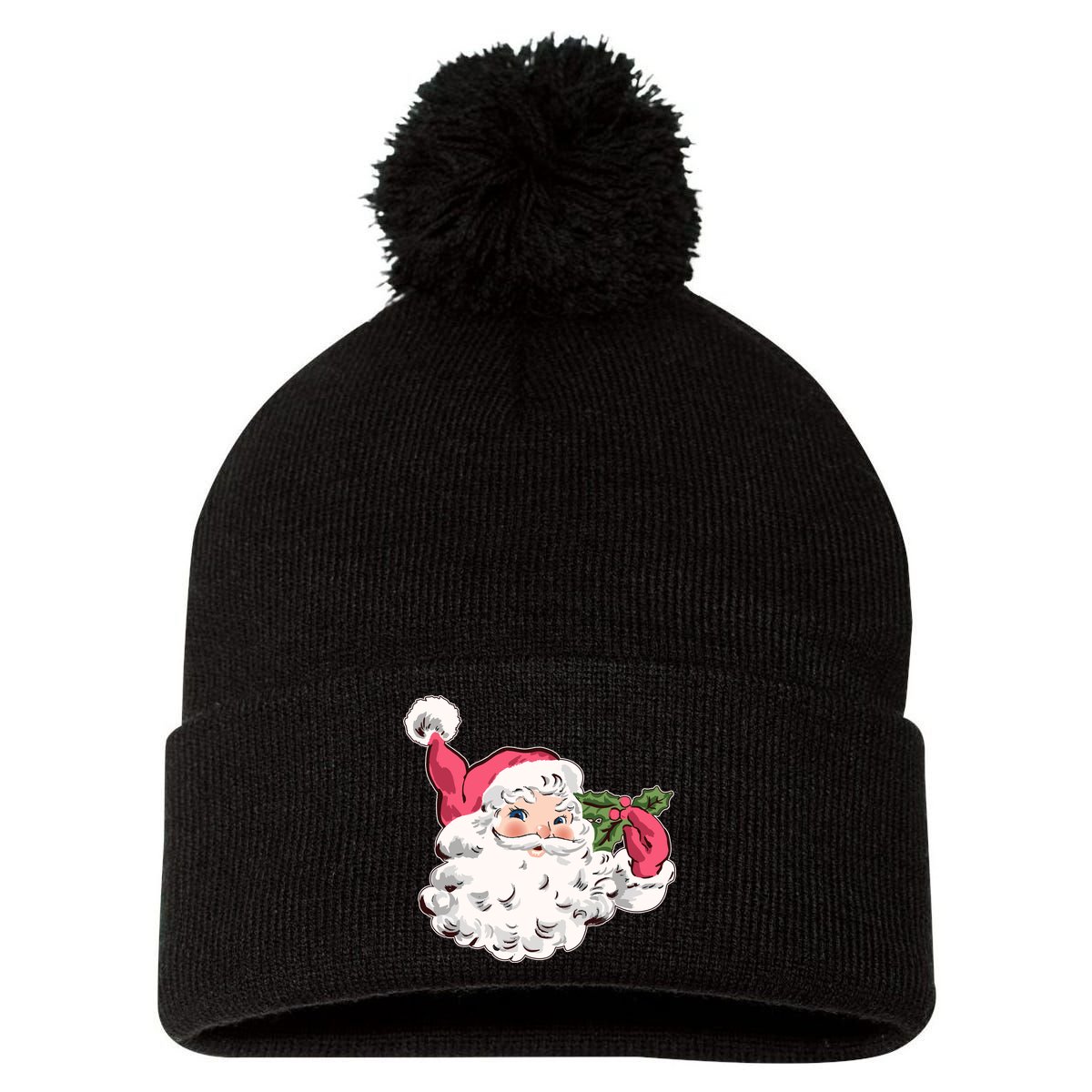 Cute Vintage Christmas Santa Claus Face Pom Pom 12in Knit Beanie