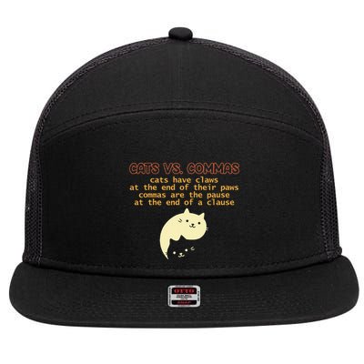 Cats Vs. Commas Funny Cat Lover Grammar Teacher School 7 Panel Mesh Trucker Snapback Hat