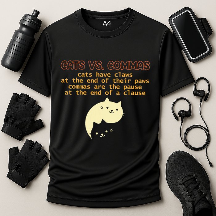 Cats Vs. Commas Funny Cat Lover Grammar Teacher School Cooling Performance Crew T-Shirt