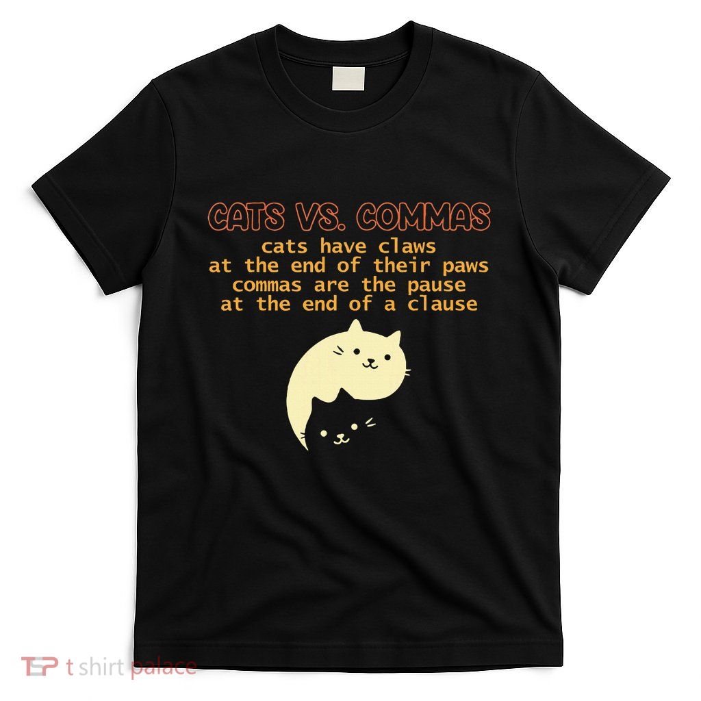 Cats Vs. Commas Funny Cat Lover Grammar Teacher School T-Shirt