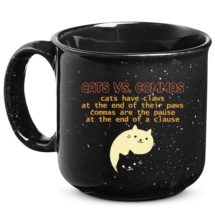 Cats Vs. Commas Funny Cat Lover Grammar Teacher School 15oz Campfire Ceramic Mug