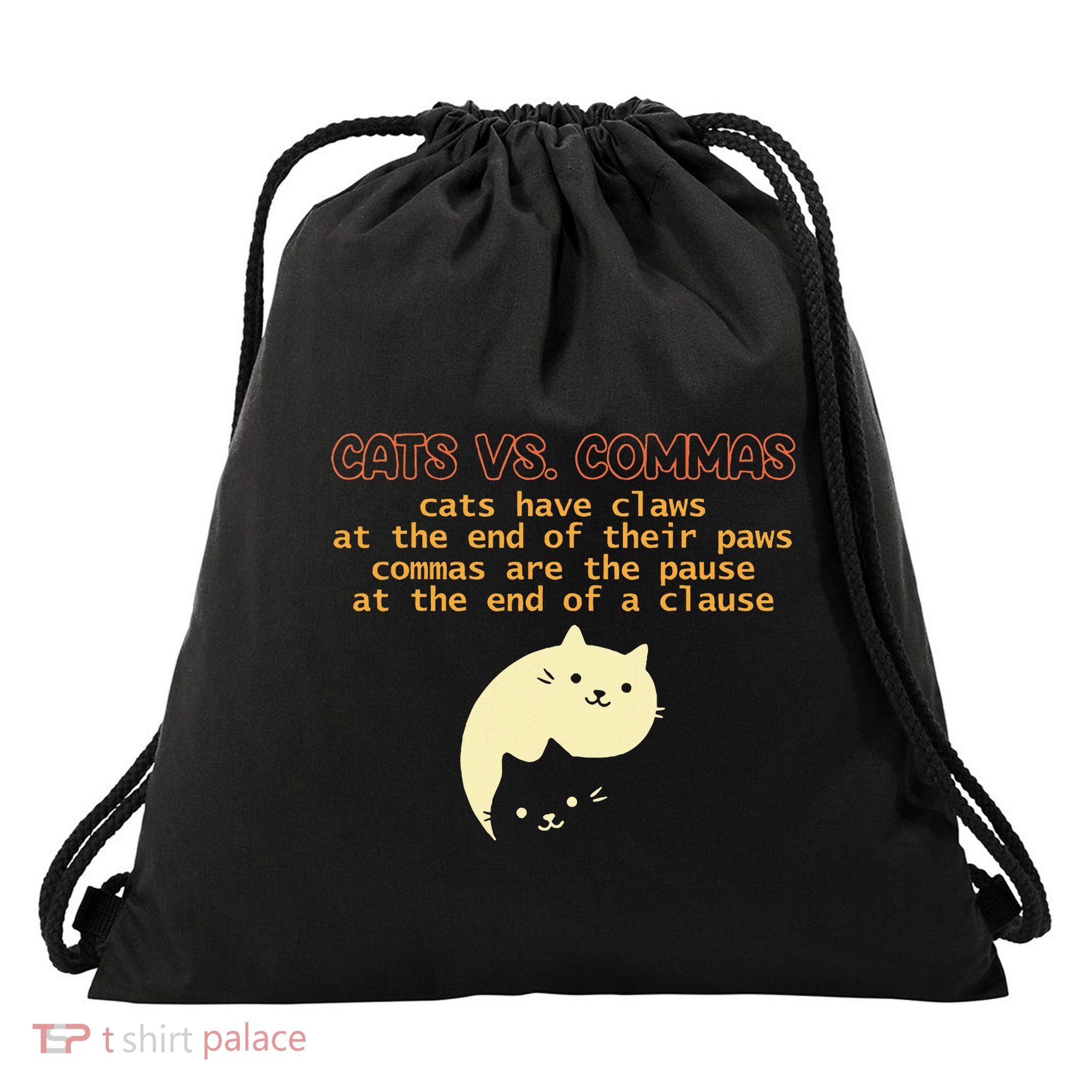Cats Vs. Commas Funny Cat Lover Grammar Teacher School Drawstring Bag
