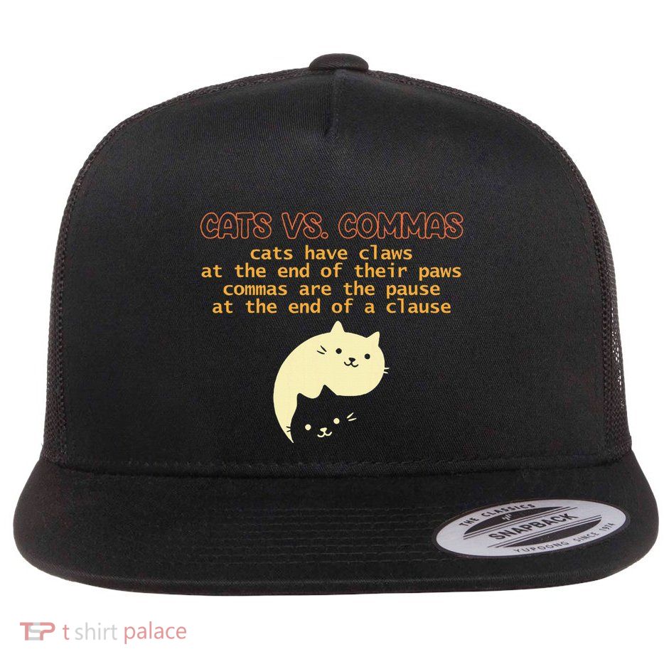 Cats Vs. Commas Funny Cat Lover Grammar Teacher School Flatbill Hat