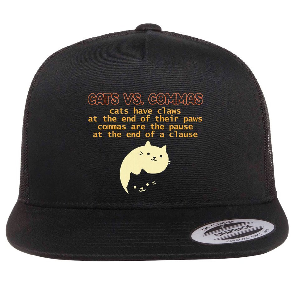 Cats Vs. Commas Funny Cat Lover Grammar Teacher School Flat Bill Trucker Hat